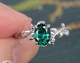 Oval cut Lab Created Emerald Engagement Ring Leaf and vine Engagement Ring White Gold Ring Nature Inspired Alternative Gemstone Promise ring