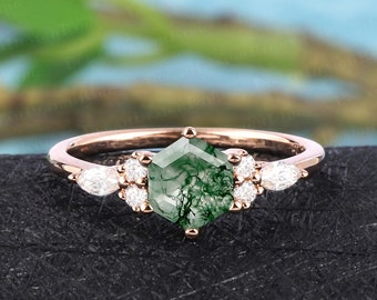 Vintage hexagon cut moss agate engagement ring Unique 14K rose gold promise ring Art deco cluster ring Uniuqe anniversary gifts for women