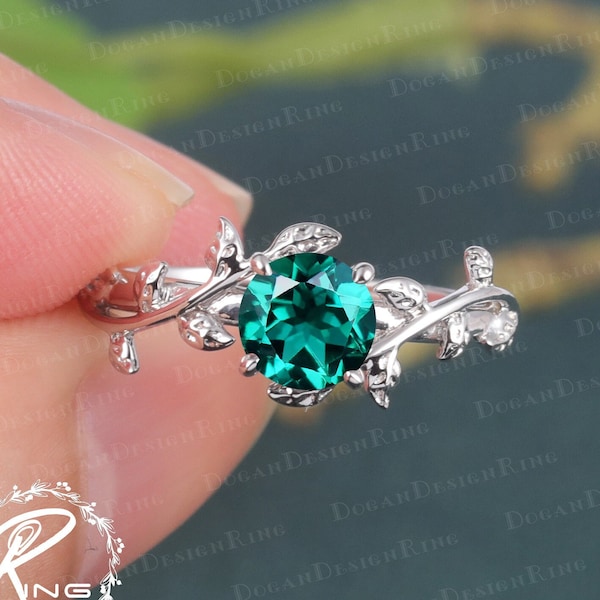 6.0MM Lab Created Emerald Engagement Ring Leaf and vine Engagement Ring White Gold Ring Nature Inspired Promise ring Twist Anniversary ring
