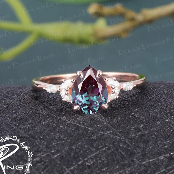 Pear shaped Alexandrite engagement ring Unique Rose gold Ring Vintage Marquise cut diamond/Moissanite bridal ring Promise Anniversary gift