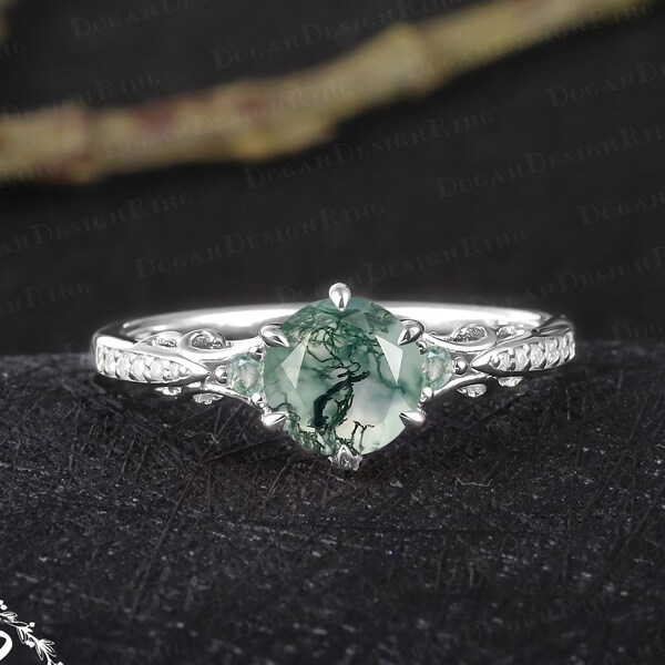 Unique green moss agate engagement ring Vintage solid 14K white gold promise ring Art deco green gemstone ring Handmade jewelry gift for her