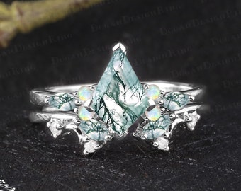 Unique kite cut moss agate engagement ring sets Vintage 14K white gold promise ring Art deco green gemstone bridal sets Women jewelry gifts