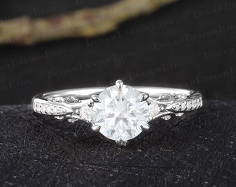 Unique moissanite engagement ring Vintage 18K 14K white gold promise ring for her Art deco gold diamond ring Handmade jewelry gift for women