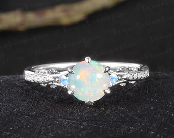 Unique white opal engagement ring Vintage solid 14K white gold promise ring for her Art deco gemstone ring Handmade jewelry gift for women