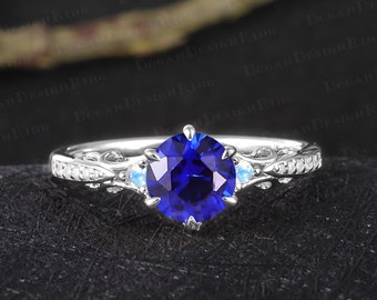 Unique blue sapphire engagement ring Vintage solid 14K white gold promise ring Art deco blue gemstone ring Handmade jewelry gift for women