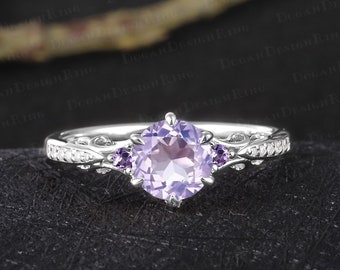 Unique lavender amethyst engagement ring Vintage solid 14K white gold promise ring Art deco gemstone ring Handmade jewelry gift for women