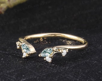Vintage marquise moss agate wedding ring Solid 14K gold gemstone wedding band Unique art deco curved band Handmade jewelry gifts for women