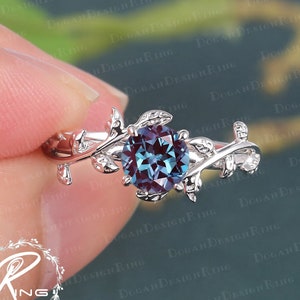 6.0 MM Alexandrite Engagement Ring Leaf and vine Engagement Ring White Gold Ring Nature Inspired Alternative Gemstone Promise ring for her