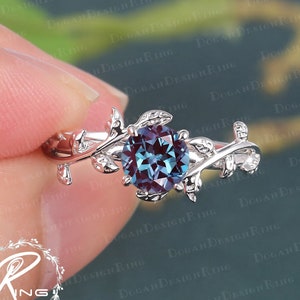 6.0MM Alexandrite Engagement Ring Leaf and vine Engagement Ring White Gold Ring Nature Inspired Alternative Gemstone Promise ring for her