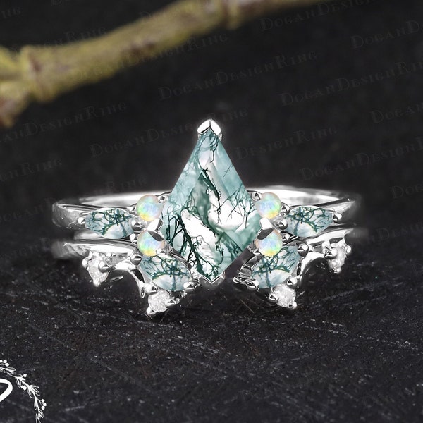 Unique kite cut moss agate engagement ring sets Vintage 14K white gold promise ring Art deco green gemstone bridal sets Women jewelry gifts