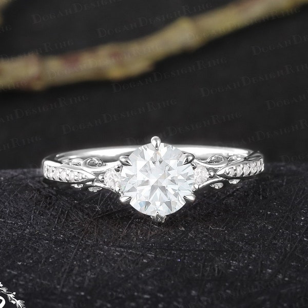 Unique moissanite engagement ring Vintage 18K 14K white gold promise ring for her Art deco gold diamond ring Handmade jewelry gift for women