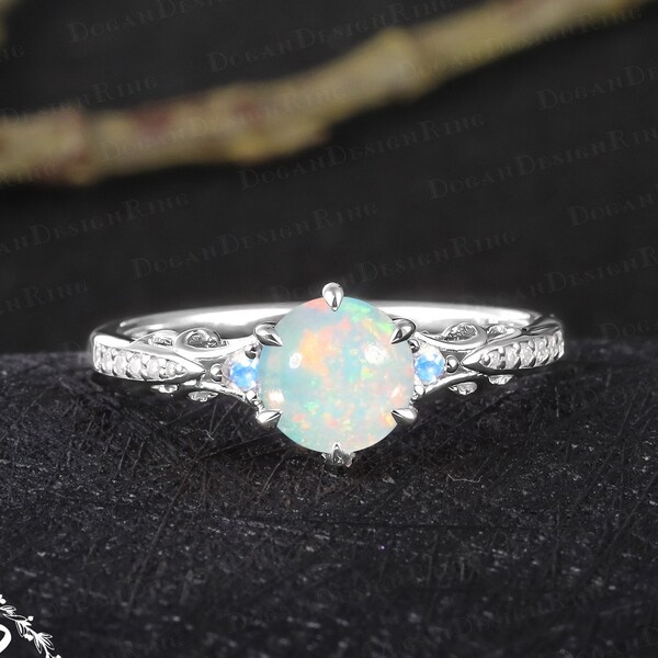 Unique white opal engagement ring Vintage solid 14K white gold promise ring for her Art deco gemstone ring Handmade jewelry gift for women