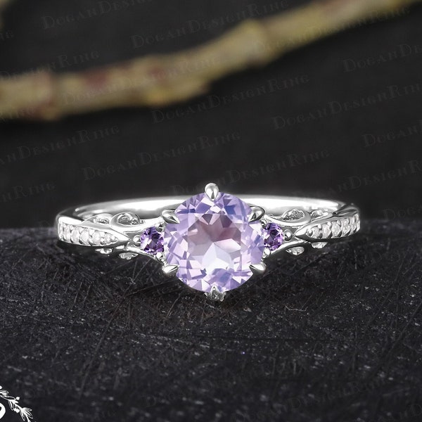 Unique lavender amethyst engagement ring Vintage solid 14K white gold promise ring Art deco gemstone ring Handmade jewelry gift for women