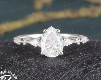 Pear shaped Moissanite engagement ring Unique Vintage White gold Ring Kite cut diamond wedding bridal ring Promise Anniversary gift for her