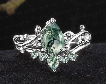 Unique pear shaped moss agate engagement ring sets Vintage 14K white gold leaf promise ring for women Nature inspired art deco bridal sets