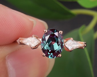 Vintage oval cut alexandrite engagement ring Art deco rose gold promise ring Unique kite moissanite cluster ring Anniversary gifts for her