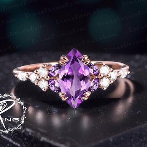 Marquise cut amethyst engagement ring Unique solid 14K rose gold promise ring Art deco purple gemstone ring Handmade jewelry gift for women