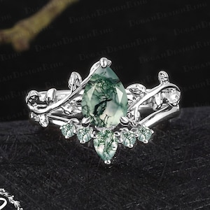 Unique pear shaped moss agate engagement ring sets Vintage 14K white gold leaf promise ring for women Nature inspired art deco bridal sets