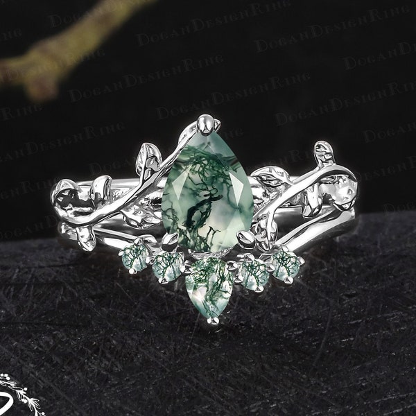 Unique pear shaped moss agate engagement ring sets Vintage 14K white gold leaf promise ring for women Nature inspired art deco bridal sets