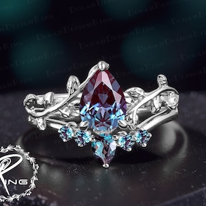 Unique pear shaped alexandrite engagement ring sets Vintage 14K white gold leaf promise ring for women Nature inspired art deco bridal sets