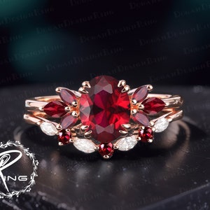 Unique Oval Cut Ruby Engagement Ring Sets Vintage 14K Rose Gold Promise Ring Art deco red gemstone bridal sets Anniversary gift Ring for her