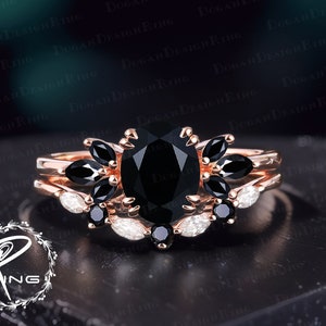 Unique Oval Cut Black Onyx Engagement Ring Sets Vintage Solid 14K Rose Gold Promise Ring Art deco bridal sets Anniversary gifts Ring for her