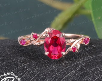Unique Oval cut Lab created Ruby Engagement Ring Rose Gold Ring Leaf and Vine Ring Nature Inspired Bridal ring Twist Promise Ring for her