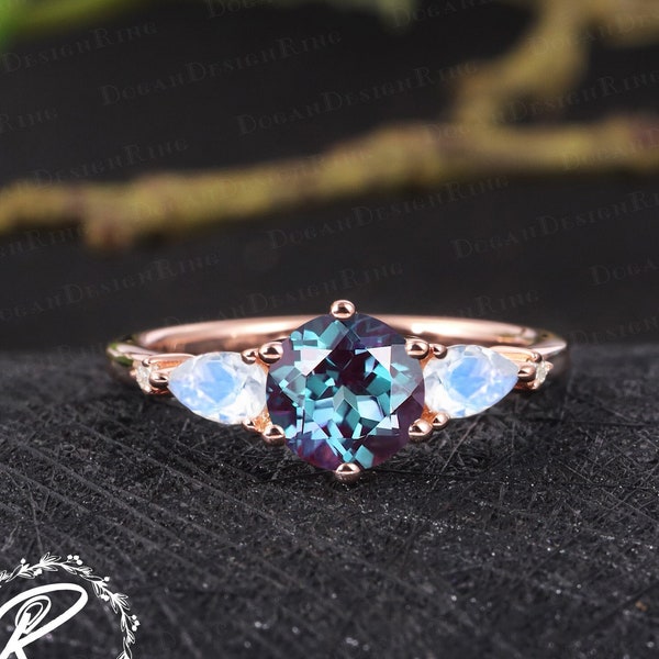 Vintage pear shaped alexandrite engagement ring rose gold moonstone ...