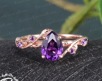 Anello di fidanzamento con ametista a forma di pera unico Anello di fidanzamento in oro rosa Anello con design a foglia Anello da sposa ispirato alla natura Anello anniversario Twist