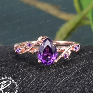Unique Pear Shaped Amethyst Engagement Ring Rose Gold Engagement Ring Leaf Design Ring Nature Inspired Bridal ring Twist Anniversary Ring