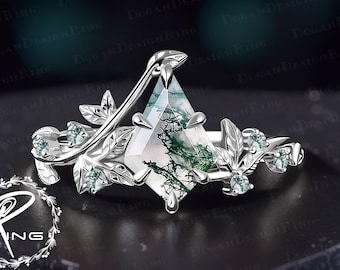 Unique kite moss agate engagement ring Art deco 14K white gold promise ring Nature Inspired leaf ring Vintage bridal set Women jewelry gift