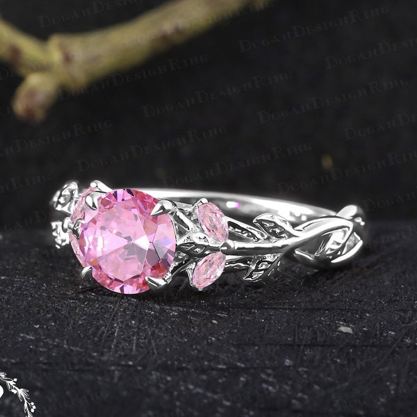 Unique pink sapphire engagement ring Art deco 14k white gold promise ring Nature inspired gemstone leaf ring Handmade jewelry gift for women