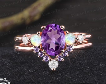 Unique oval cut amethyst engagement ring set Art deco purple gemstone promise ring Solid 14k rose gold bridal sets Handmade jewelry gifts