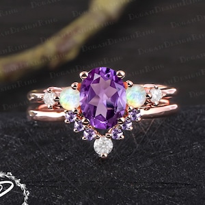 Unique oval cut amethyst engagement ring set Art deco purple gemstone promise ring Solid 14k rose gold bridal sets Handmade jewelry gifts 2PCS bridal set