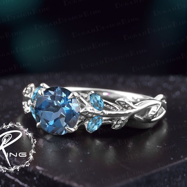 Unique london blue topaz engagement ring Art deco solid 14k white gold promise ring Nature inspired leaf ring Handmade jewelry gifts for her