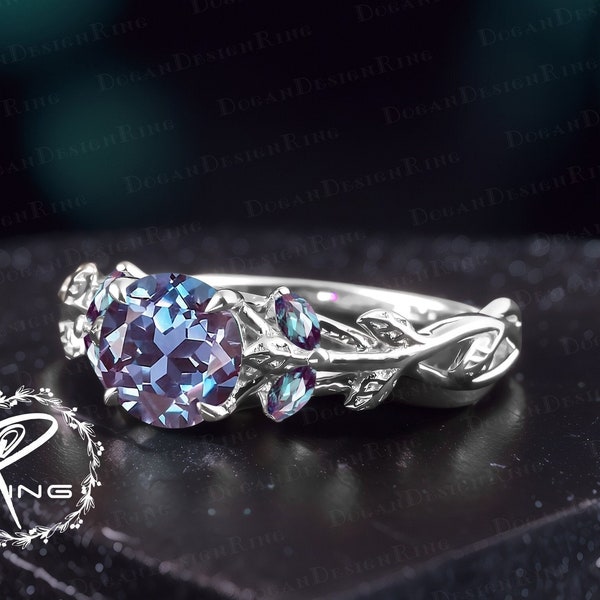 Unique alexandrite engagement ring Art deco 14k white gold promise ring Nature inspired gemstone leaf ring Handmade jewelry gifts for women