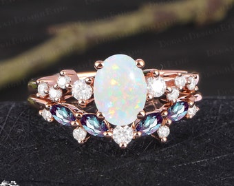 Unique oval cut white opal engagement ring sets Art deco white gems promise ring Solid 14K rose gold bridal sets Anniversary gifts for women