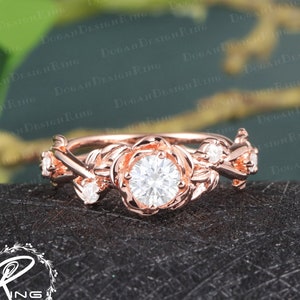 Vintage Rose Flower moissanite engagement ring Unique solid rose gold cluster ring Art deco nature inspired leaf ring Anniversary gifts