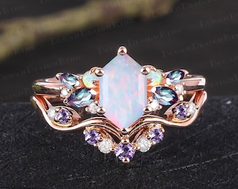 Vintage long hexagon cut white opal engagement ring sets Art deco promise ring solid 14k rose gold bridal sets Anniversary gifts for women