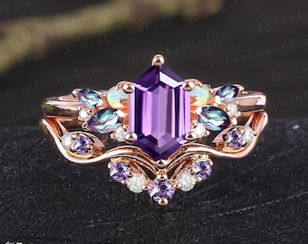 Vintage long hexagon cut amethyst engagement ring sets Art deco promise ring solid 14k 18k rose gold bridal sets Anniversary gifts for women