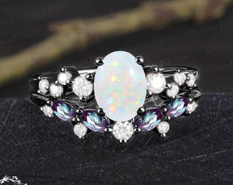 Gothic oval cut white opal engagement ring sets Unique art deco promise ring Solid 14k black gold bridal sets Anniversary gifts for women