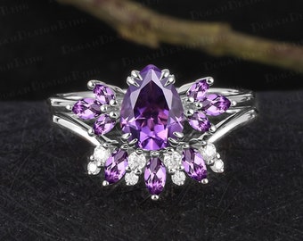 Unique Pear shaped amethyst engagement ring sets 14K White Gold Promise Ring For Women Vintage art deco wedding bridal set Anniversary gifts