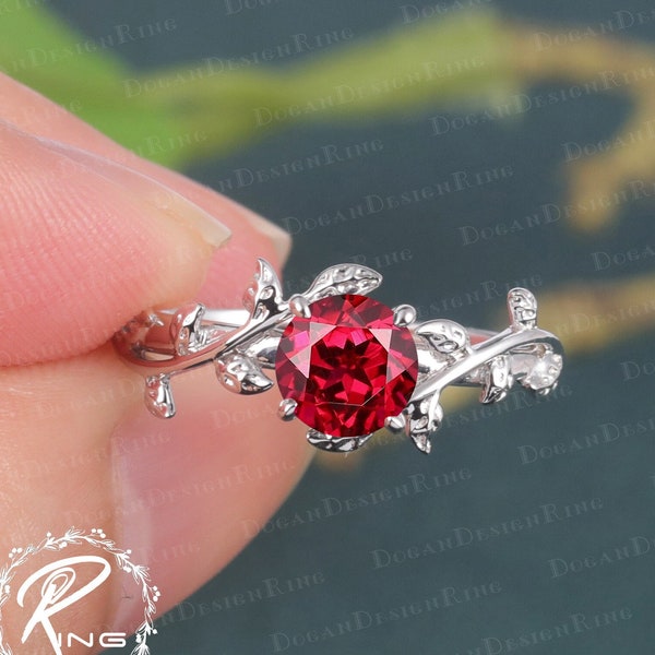 Vintage ruby engagement ring Unique 14K 18K solid white gold promise ring Nature inspired art deco leaf ring Anniversary gifts for women