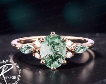 Vintage oval cut moss agate engagement ring Art deco promise ring Solid 14K 18K rose gold cluster ring Uniuqe anniversary gifts for women