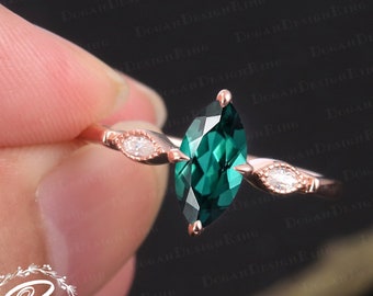 Vintage marquise cut emerald engagement ring Unique solid rose gold promise ring Art deco diamond cluster ring Anniversary gifts for women