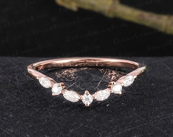 Vintage marquise moissanite wedding ring 14K rose gold curved wedding band Diamond matching stacking band Unique anniversary gifts for women
