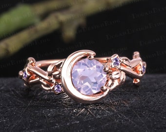 Unique lavender amethyst engagement ring Art deco 14k rose gold promise ring Nature inspired moon leaf ring Handmade jewelry gifts for women