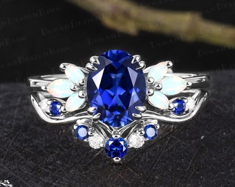 Unique oval cut sapphire engagement ring sets Vintage solid 14K white gold opal promise ring for women Art deco bridal sets Anniversary gift