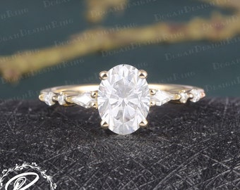 Oval cut Moissanite engagement ring Unique Vintage Yellow gold Ring Kite cut diamond wedding bridal ring Promise Anniversary gift for women