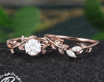 Moissanite Engagement Ring set Leaf and vine Promise Ring for her Solid 14K Rose Gold Ring Nature Inspired ring Bridal set Anniversary Gifts
